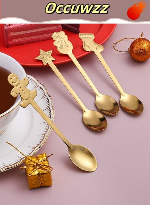 4pcs Stainless Steel Dessert/Coffee Spoons, Creative Pendant Design Includes Snowman, Gingerbread, Socks, Star Patterns, Suitable For Parties, Back To School, Gatherings