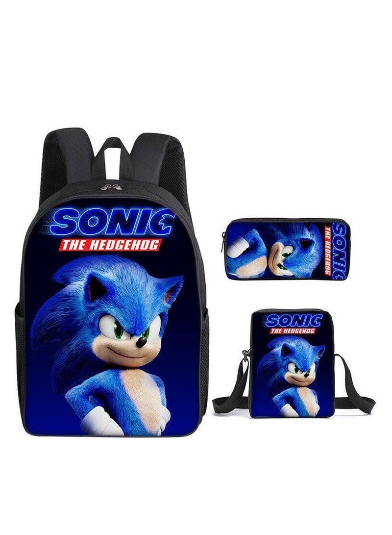 Sonic student large capacity backpack three piece set, anime cartoon backpack, shoulder bag pen bag