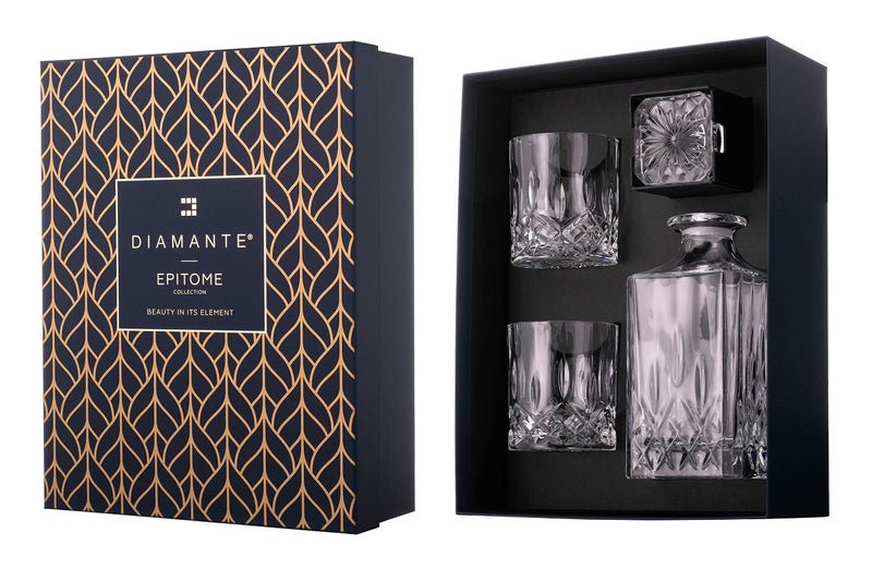 DIAMANTE Whisky Set 3 Piece Dorchester Collection  1 Crystal Decanter with 2 Crystal Tumblers in a Luxury Satin Lined Gift Box