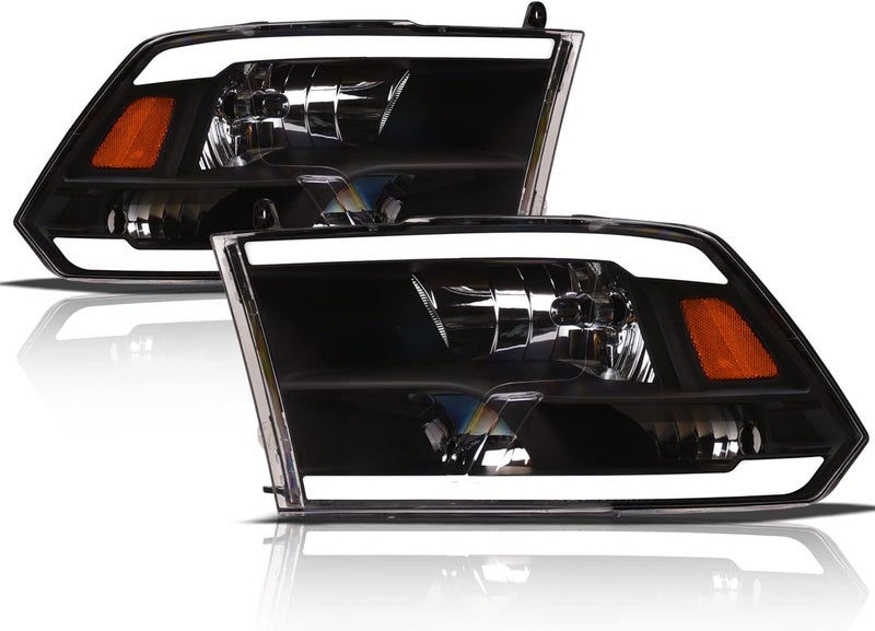Alpha Owls 8711880 Crystal Headlights with White LED Light Bar - Black Amber for Dodge Ram 1500/2500/3500 (2009-2018) & Classic (2019-2023) - Image 1