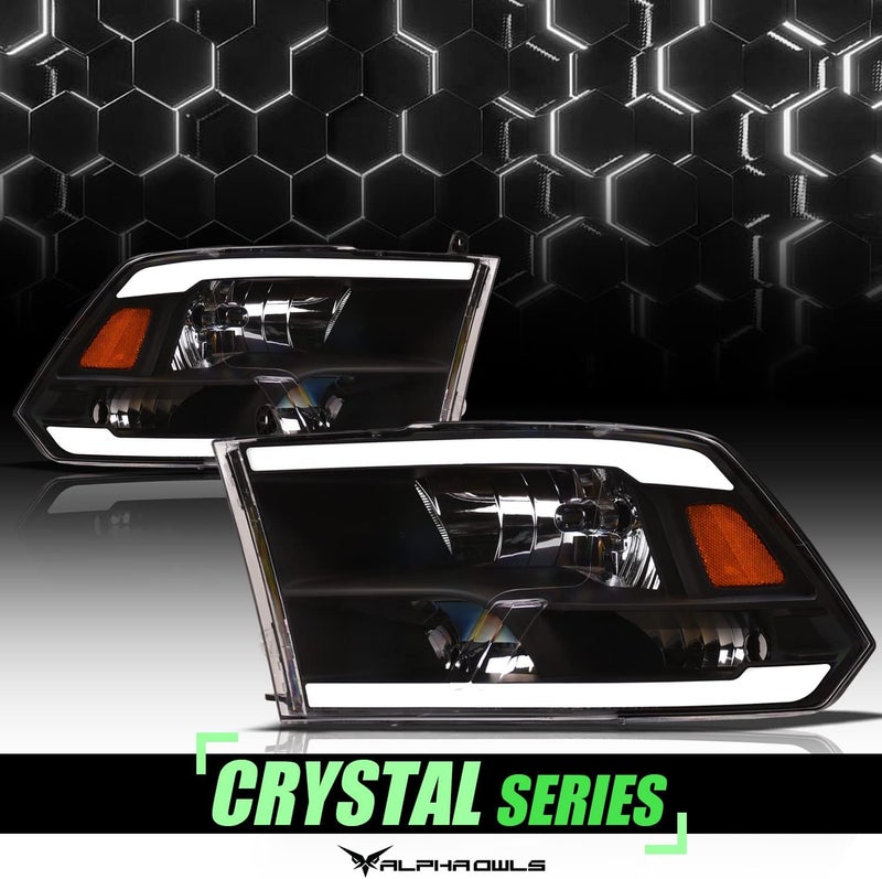 Alpha Owls 8711880 Crystal Headlights with White LED Light Bar - Black Amber for Dodge Ram 1500/2500/3500 (2009-2018) & Classic (2019-2023) - Image 2