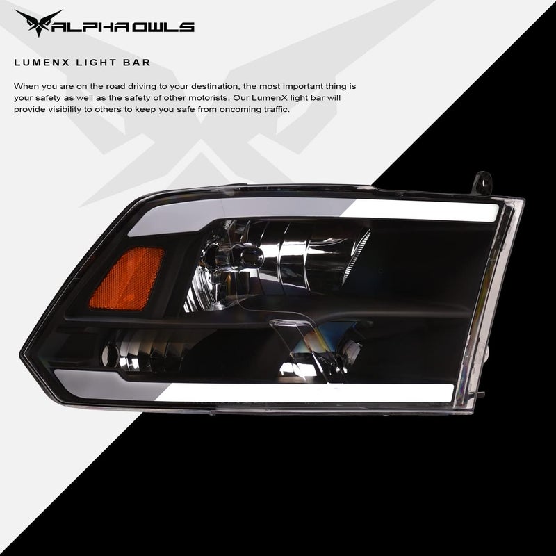 Alpha Owls 8711880 Crystal Headlights with White LED Light Bar - Black Amber for Dodge Ram 1500/2500/3500 (2009-2018) & Classic (2019-2023) - Image 4