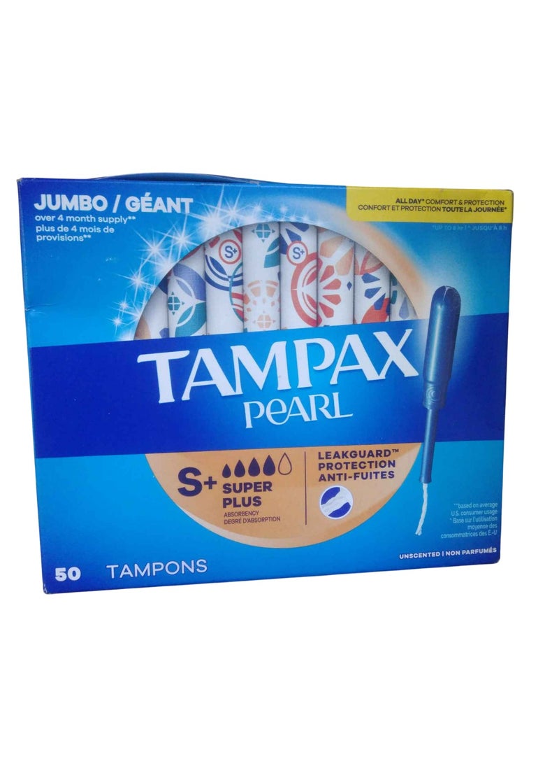 سدادات تامباكس بيرل فائقة الامتصاص مع أداة توزيع بلاستيكية خالية من مادة BPA وجديلة مانعة للتسرب، غير معطرة، 50 قطعة