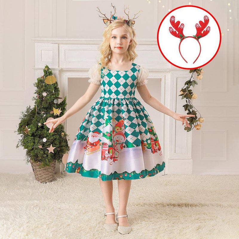 Girls Christmas Dress Christmas Dress Party Costume Childrens Cos Santa Claus Costume Princess Dress SD070-Green (with headband)