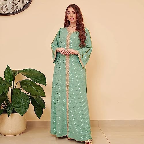 FPOVFPO Womens Muslim Abaya Dress One-Piece V Neck Bronzing Dress Islamic Full Length Kaftan Daily Casual Dress Green - Image 3
