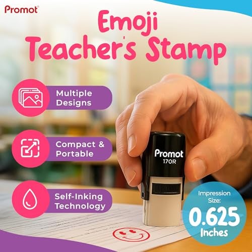 Promot - Self-Inking Stamps for Teachers, Round Rubber Stamp for Grading & Feedback, Quick-Dry Ink Stamps, Clear Imprint, Refillable Classroom Stamp & No-Mess Design (Smiley Red) - Image 2
