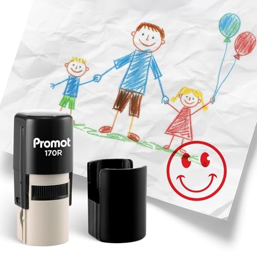 Promot - Self-Inking Stamps for Teachers, Round Rubber Stamp for Grading & Feedback, Quick-Dry Ink Stamps, Clear Imprint, Refillable Classroom Stamp & No-Mess Design (Smiley Red) - Image 1