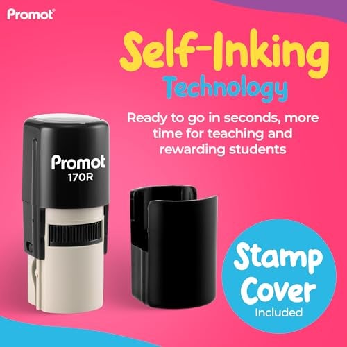 Promot - Self-Inking Stamps for Teachers, Round Rubber Stamp for Grading & Feedback, Quick-Dry Ink Stamps, Clear Imprint, Refillable Classroom Stamp & No-Mess Design (Smiley Red) - Image 5