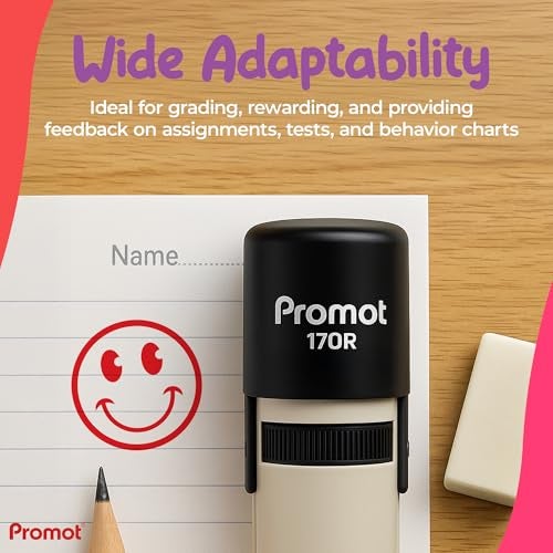 Promot - Self-Inking Stamps for Teachers, Round Rubber Stamp for Grading & Feedback, Quick-Dry Ink Stamps, Clear Imprint, Refillable Classroom Stamp & No-Mess Design (Smiley Red) - Image 4