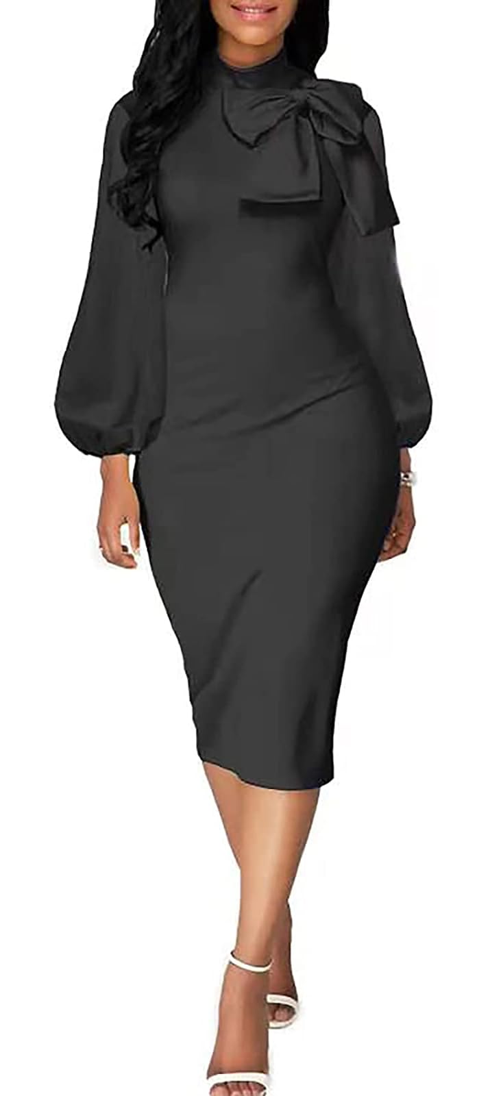 BestGirl Black Dresses for Women Bodycon Elegant Bow Knot Bishop Sleeve Work Office Pencil Business Dress - Image 3