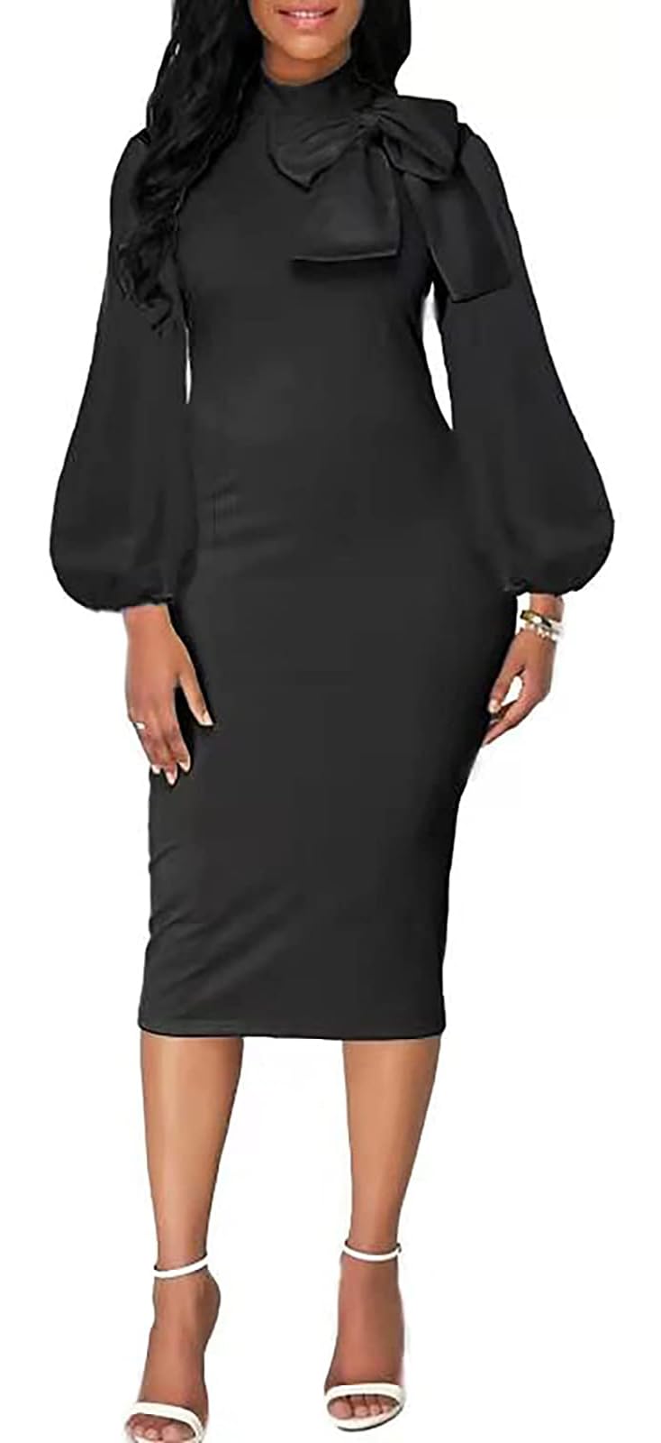 BestGirl Black Dresses for Women Bodycon Elegant Bow Knot Bishop Sleeve Work Office Pencil Business Dress - Image 4