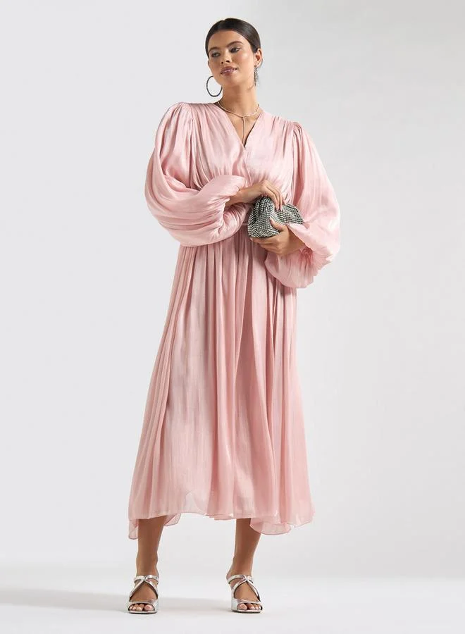 Splash FAV Textured Belted Midi Dress with V-neck and Long Puff Sleeves