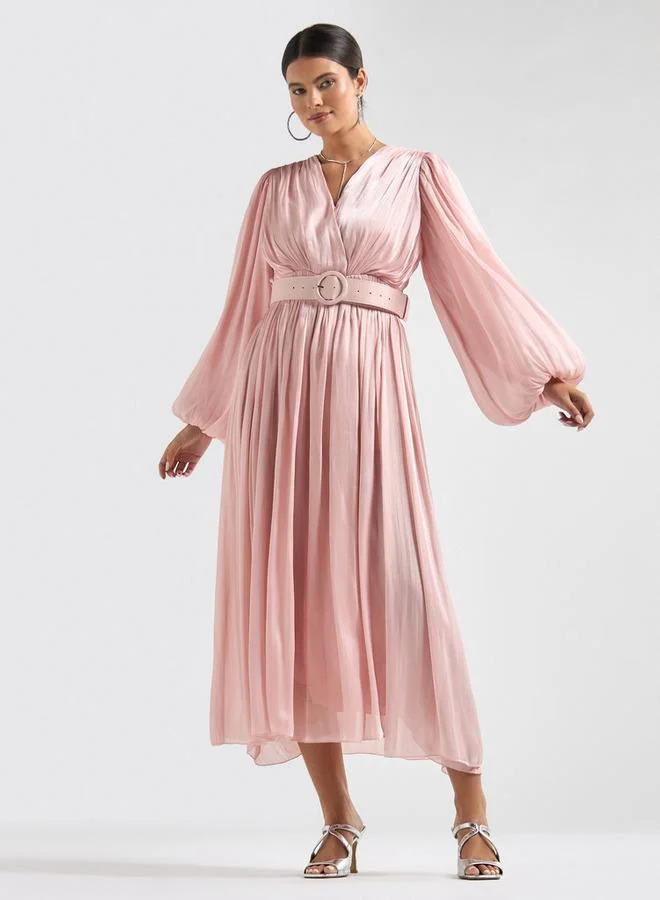 Splash FAV Textured Belted Midi Dress with V-neck and Long Puff Sleeves