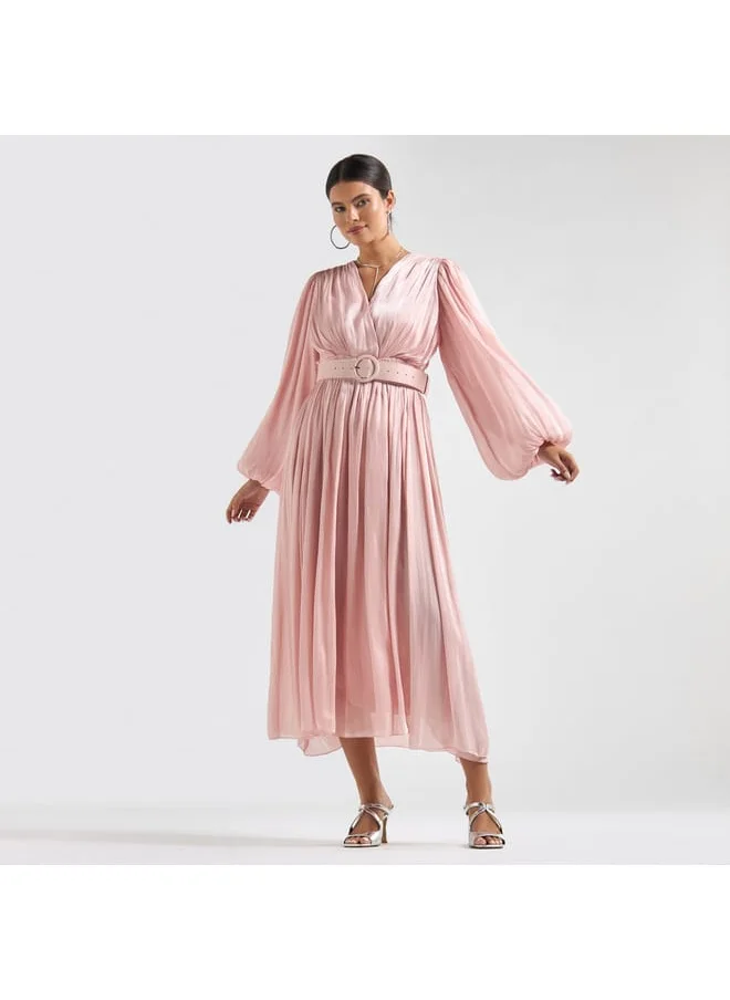 FAV Textured Belted Midi Dress with V-neck and Long Puff Sleeves