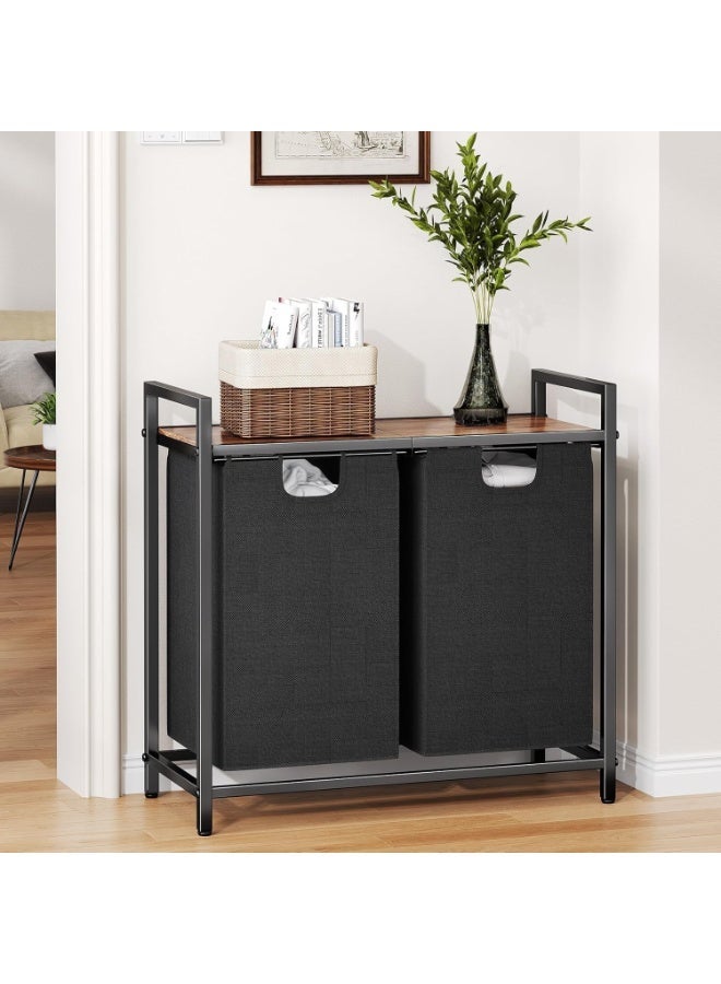 YOUWE7 Laundry Basket Organizer, Laundry Hamper with Shelf & 2 Pull-Out Removable Bags, Dirty Clothes Hamper Organizer for Laundry Room Bathroom and Dorm, 2 x 44L (Brown) - Image 1