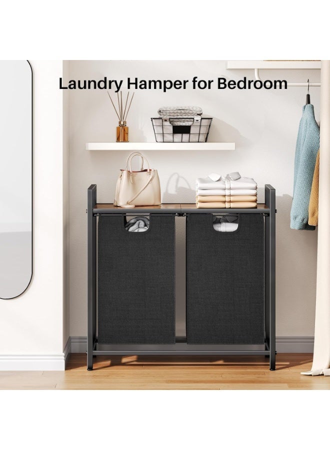 YOUWE7 Laundry Basket Organizer, Laundry Hamper with Shelf & 2 Pull-Out Removable Bags, Dirty Clothes Hamper Organizer for Laundry Room Bathroom and Dorm, 2 x 44L (Brown) - Image 4