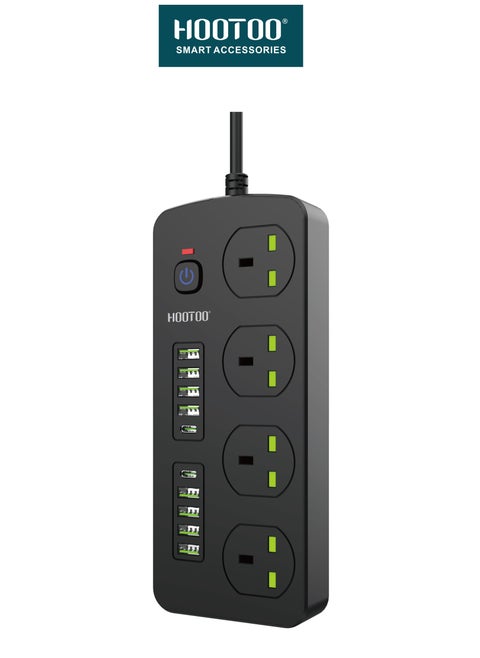 توصيلة كهربائية بأربعة مخارج ثلاثية و ثمانية مخارج USB من النوع USB-A و أثنان من النوع USB-C PD ,طول 3 متر ,بقوة 3000 واط وزر تشغيل. باللون الأسود من هوتو