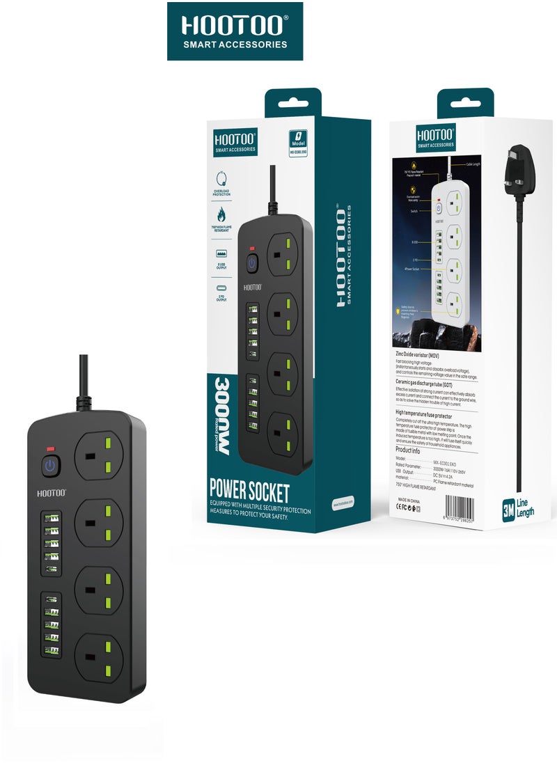 توصيلة كهربائية بأربعة مخارج ثلاثية و ثمانية مخارج USB من النوع USB-A و أثنان من النوع USB-C PD ,طول 3 متر ,بقوة 3000 واط وزر تشغيل. باللون الأسود من هوتو