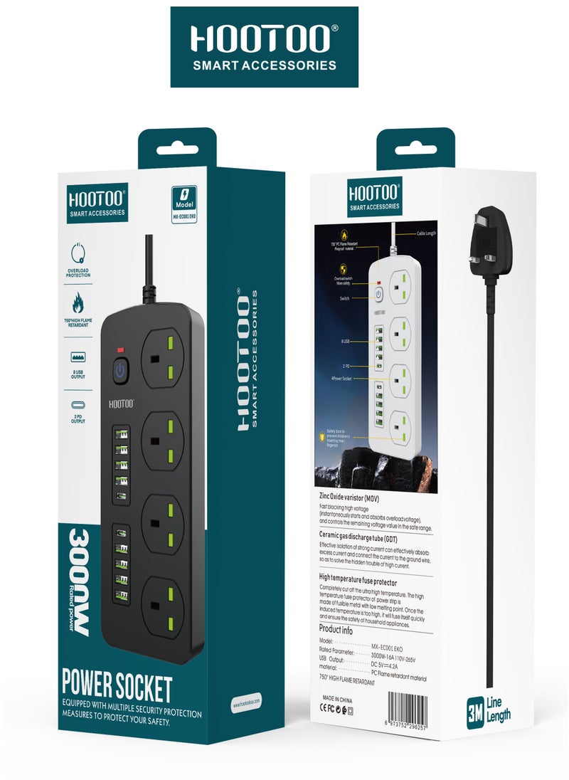 توصيلة كهربائية بأربعة مخارج ثلاثية و ثمانية مخارج USB من النوع USB-A و أثنان من النوع USB-C PD ,طول 3 متر ,بقوة 3000 واط وزر تشغيل. باللون الأسود من هوتو