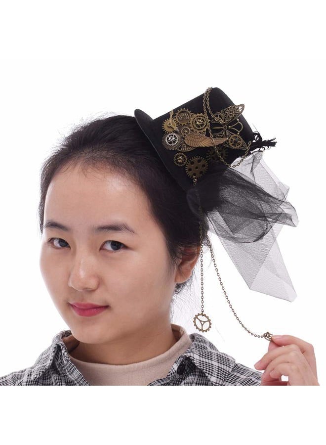 BLESSUME Mini Top Hat Party Hat Dancing Cocktail Feather Veil Hair Clip (Black 1) - Image 1
