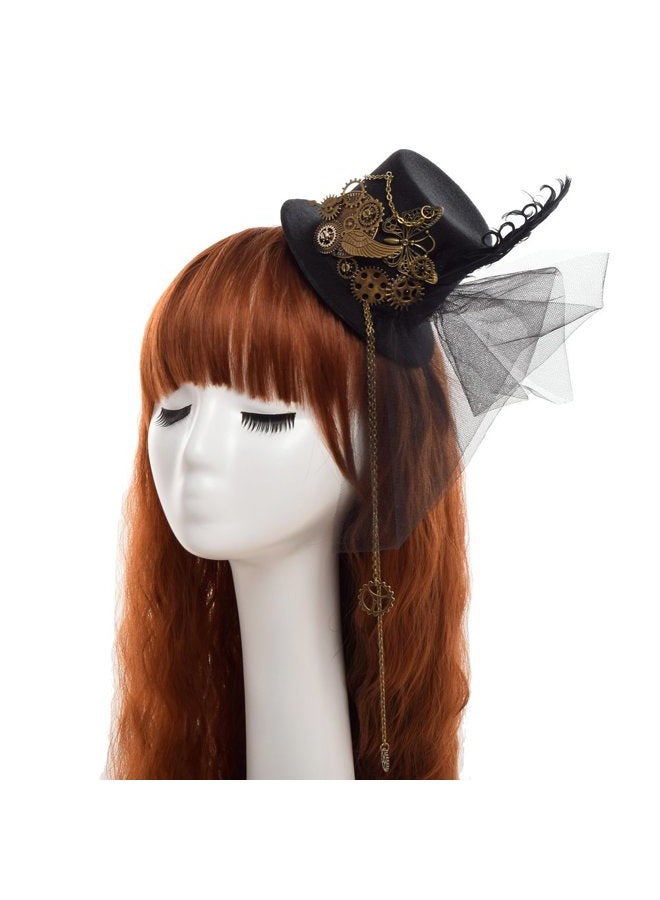 BLESSUME Mini Top Hat Party Hat Dancing Cocktail Feather Veil Hair Clip (Black 1) - Image 3