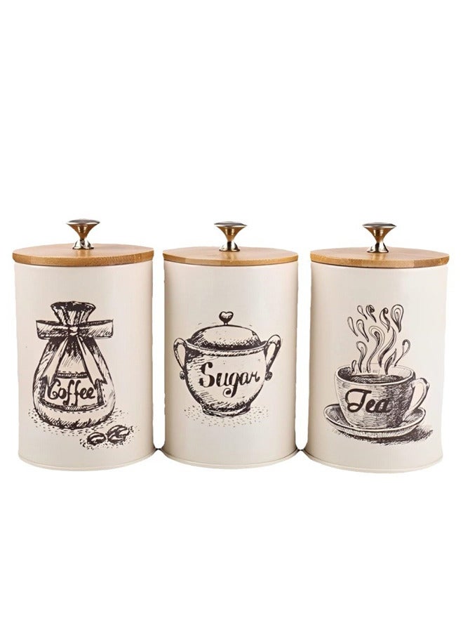 Set of 3 Canister Sets for Kitchen Counter, Metal Kitchen Canister Set with Airtight Seal Wooden Lid - Perfect for Coffee, Tea, Sugar, Flour, Tea, Salt and More (Beige) - Image 1