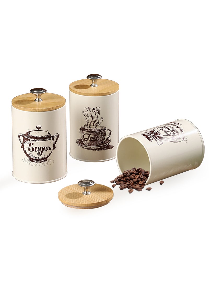 Set of 3 Canister Sets for Kitchen Counter, Metal Kitchen Canister Set with Airtight Seal Wooden Lid - Perfect for Coffee, Tea, Sugar, Flour, Tea, Salt and More (Beige) - Image 2