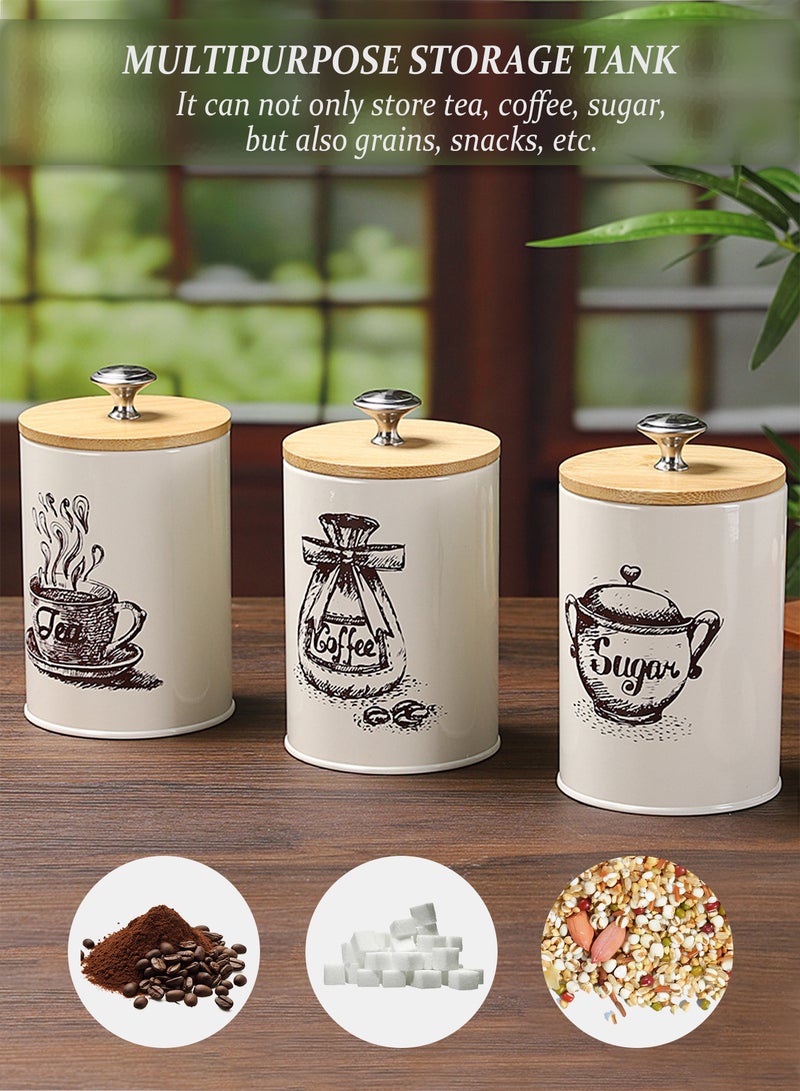 Set of 3 Canister Sets for Kitchen Counter, Metal Kitchen Canister Set with Airtight Seal Wooden Lid - Perfect for Coffee, Tea, Sugar, Flour, Tea, Salt and More (Beige) - Image 4