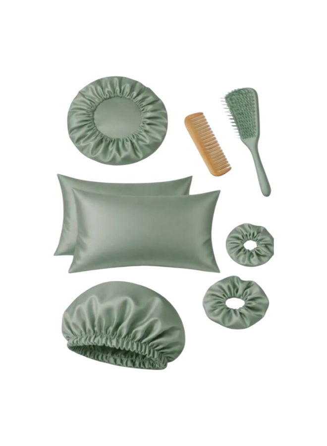 The hair care set consists of 2 pillows, 2 bonnets, 2 hair ties, 1 brush, and 1 natural wooden comb.