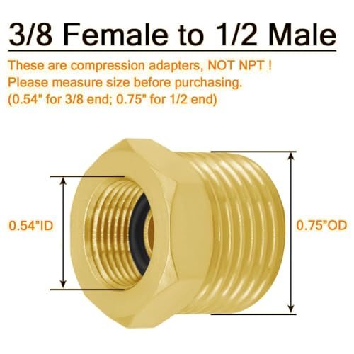 Joywayus 1/2 G Male to 3/8 Compression Female Thread Bushing Pipe Fitting, Brass Reducer Faucet Connector Water Hose Adapter, Supply Line Adapter for RV Kitchen Bathroom Plumbing 4PCS - Image 2