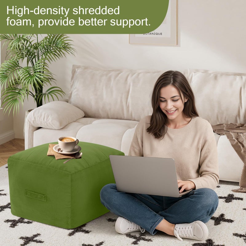 MeMoreCool Square Stuffed Pouf Ottoman Foot Rest, Floor Pouf Foot Stool with Foam Chunk Filling, Soft Stuffed Ottoman Footrest for Living Room, Green - Image 4