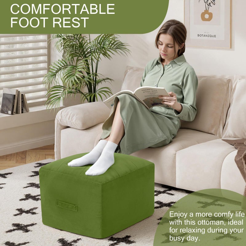 MeMoreCool Square Stuffed Pouf Ottoman Foot Rest, Floor Pouf Foot Stool with Foam Chunk Filling, Soft Stuffed Ottoman Footrest for Living Room, Green - Image 3