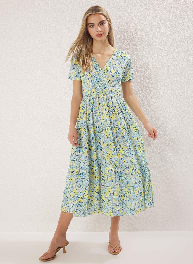 trendyol Yellow Floral Printed Double Breasted Stretchy Skater/Waist Cut Midi Knitted Dress - Image 1