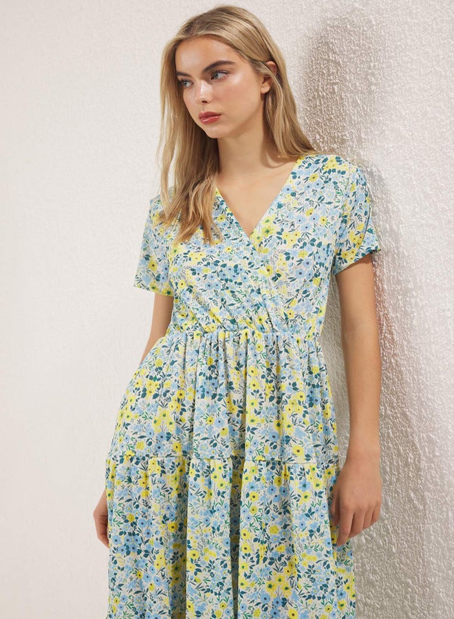 trendyol Yellow Floral Printed Double Breasted Stretchy Skater/Waist Cut Midi Knitted Dress - Image 2