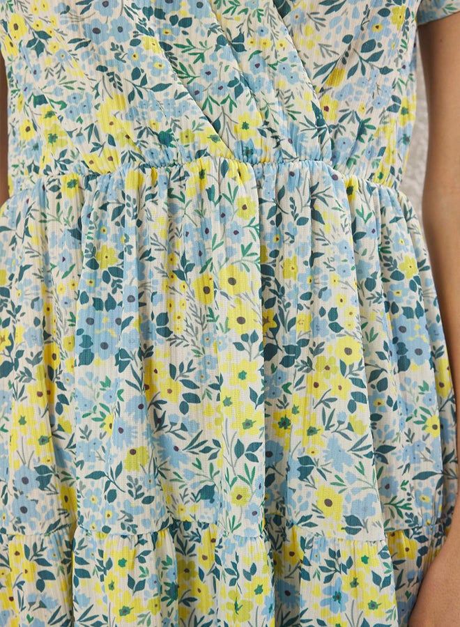 trendyol Yellow Floral Printed Double Breasted Stretchy Skater/Waist Cut Midi Knitted Dress - Image 3