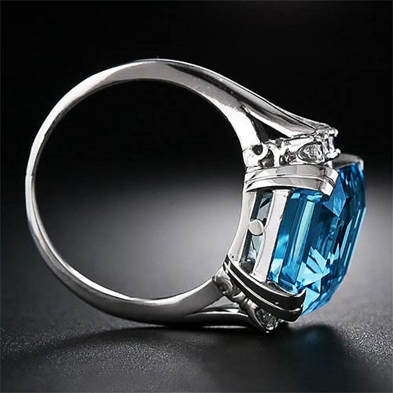 RKKOJJO 925 Sterling Silver Shiny Full Diamond Gemstone Ring Blue Cubic Zirconia Rings CZ Diamond Multi Row Ring Eternity Engagement Wedding Band Ring for Women (US Code 9) - Image 4