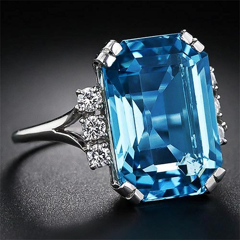 RKKOJJO 925 Sterling Silver Shiny Full Diamond Gemstone Ring Blue Cubic Zirconia Rings CZ Diamond Multi Row Ring Eternity Engagement Wedding Band Ring for Women (US Code 9) - Image 2