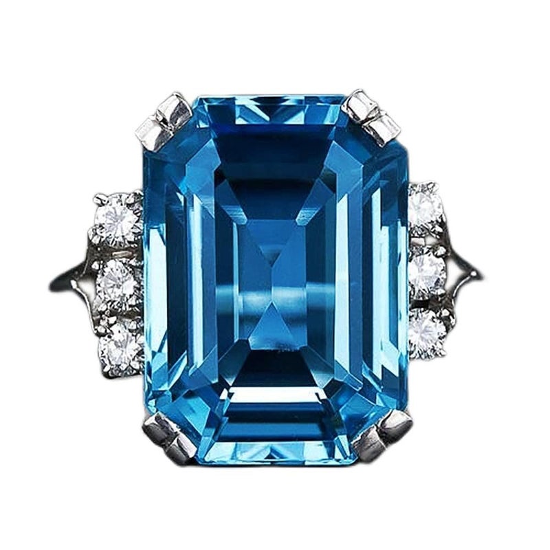 RKKOJJO 925 Sterling Silver Shiny Full Diamond Gemstone Ring Blue Cubic Zirconia Rings CZ Diamond Multi Row Ring Eternity Engagement Wedding Band Ring for Women (US Code 9) - Image 1