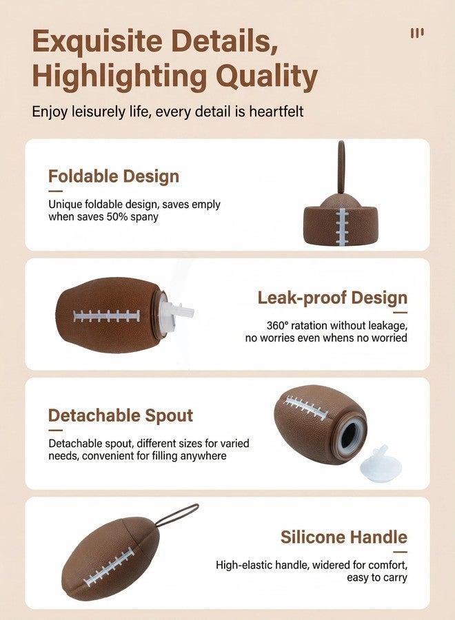 Silicone Foldable Rugby Water Bottle, 750ml Capacity, Food Grade Leakproof Sports Bottle with Dual Spouts, Brown Football Design, Portable Collapsible (Coffee) - Image 2