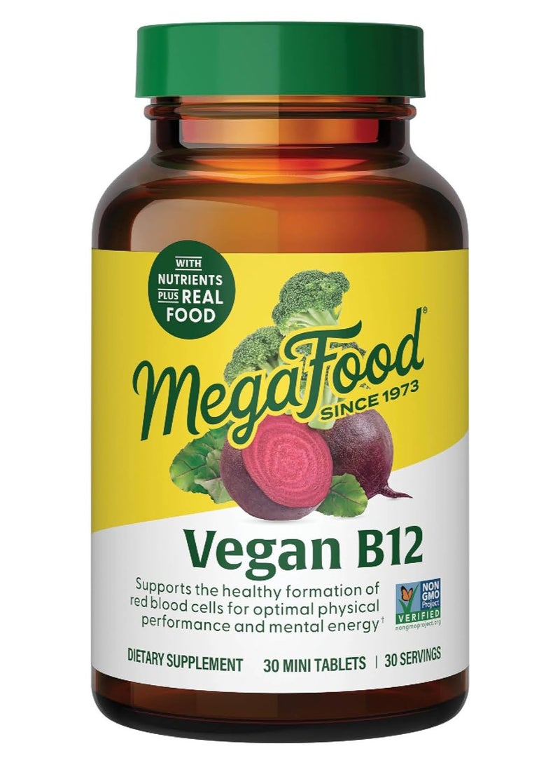 MegaFood Vegan B12 - Supports Healthy Formation of Red Blood Cells For Optimal Physical Performance and Mental Energy - Dietary Supplement 30 Mini Tablets / 30 Serving - Image 1