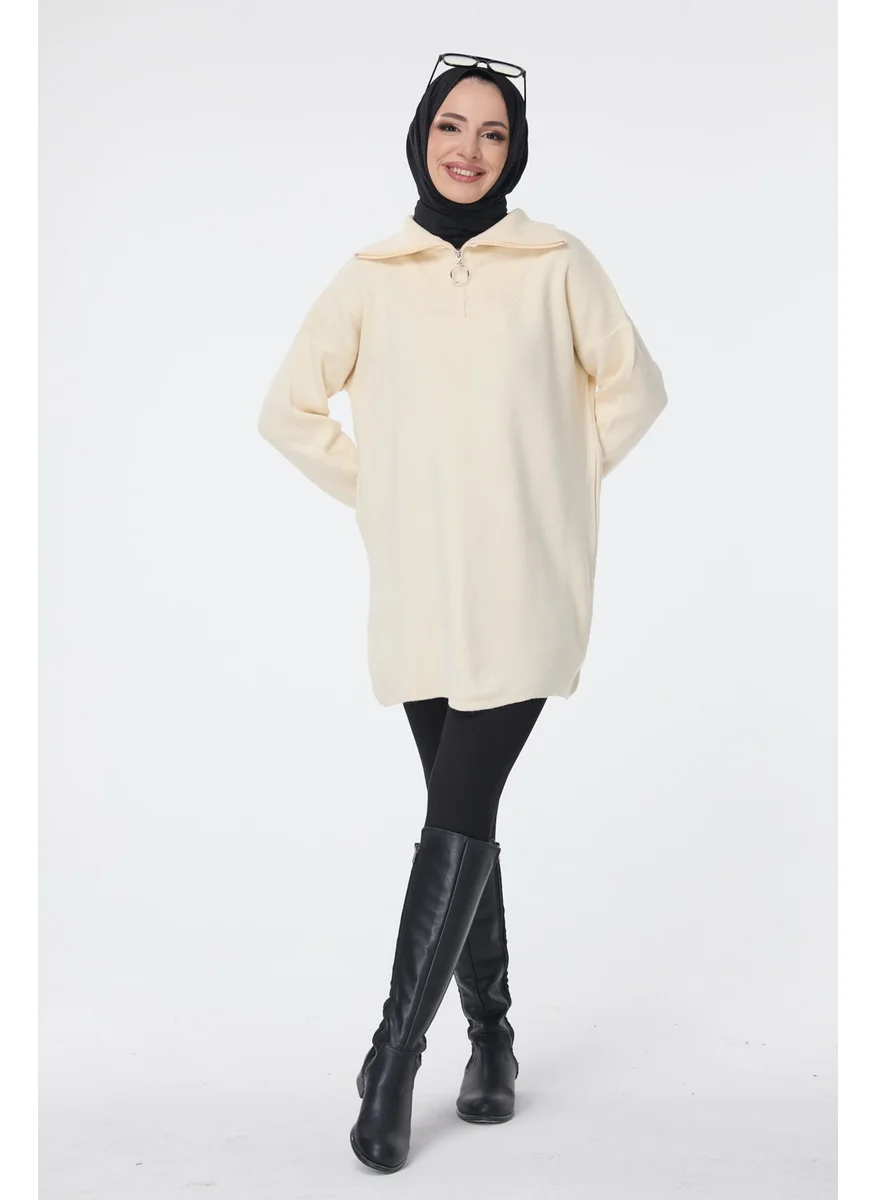 Tofisa 24211-CREAM Zippered Collar Knitwear Tunic
