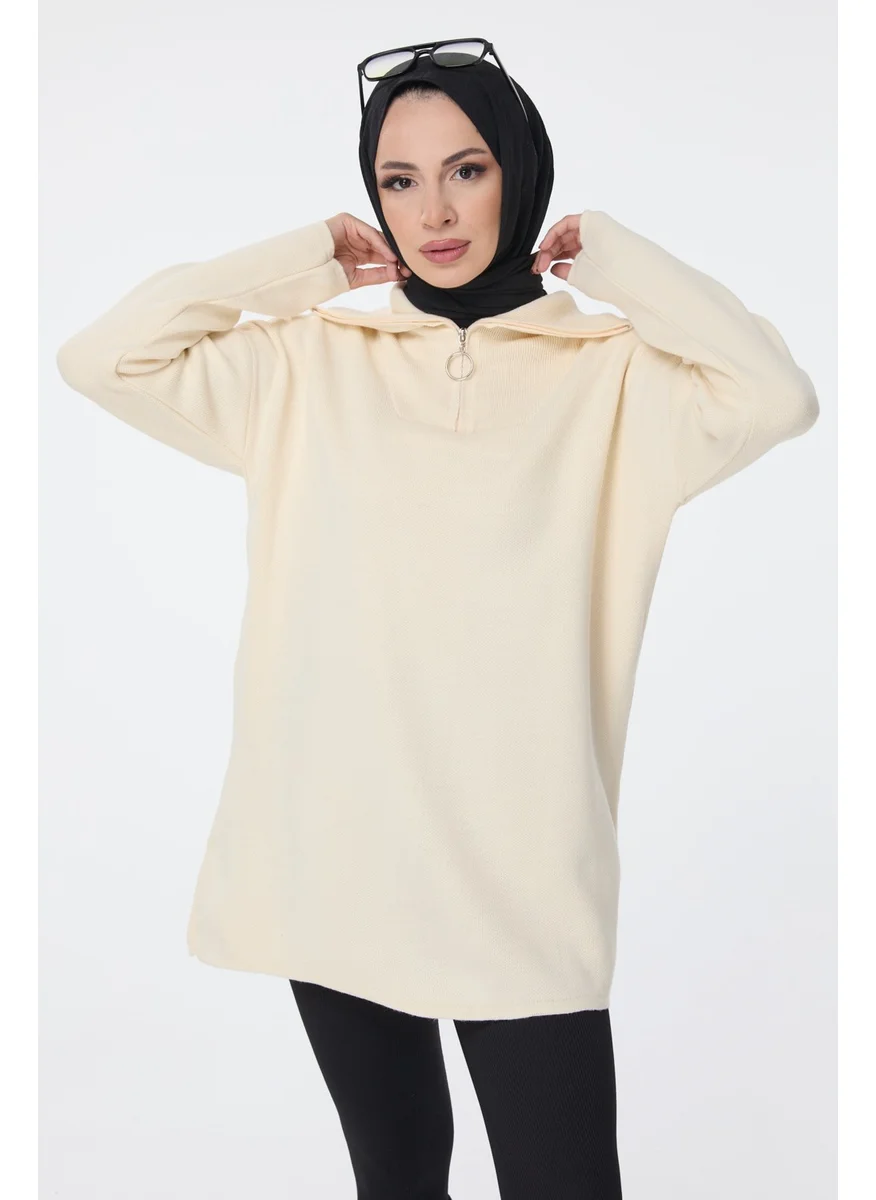 Tofisa 24211-CREAM Zippered Collar Knitwear Tunic