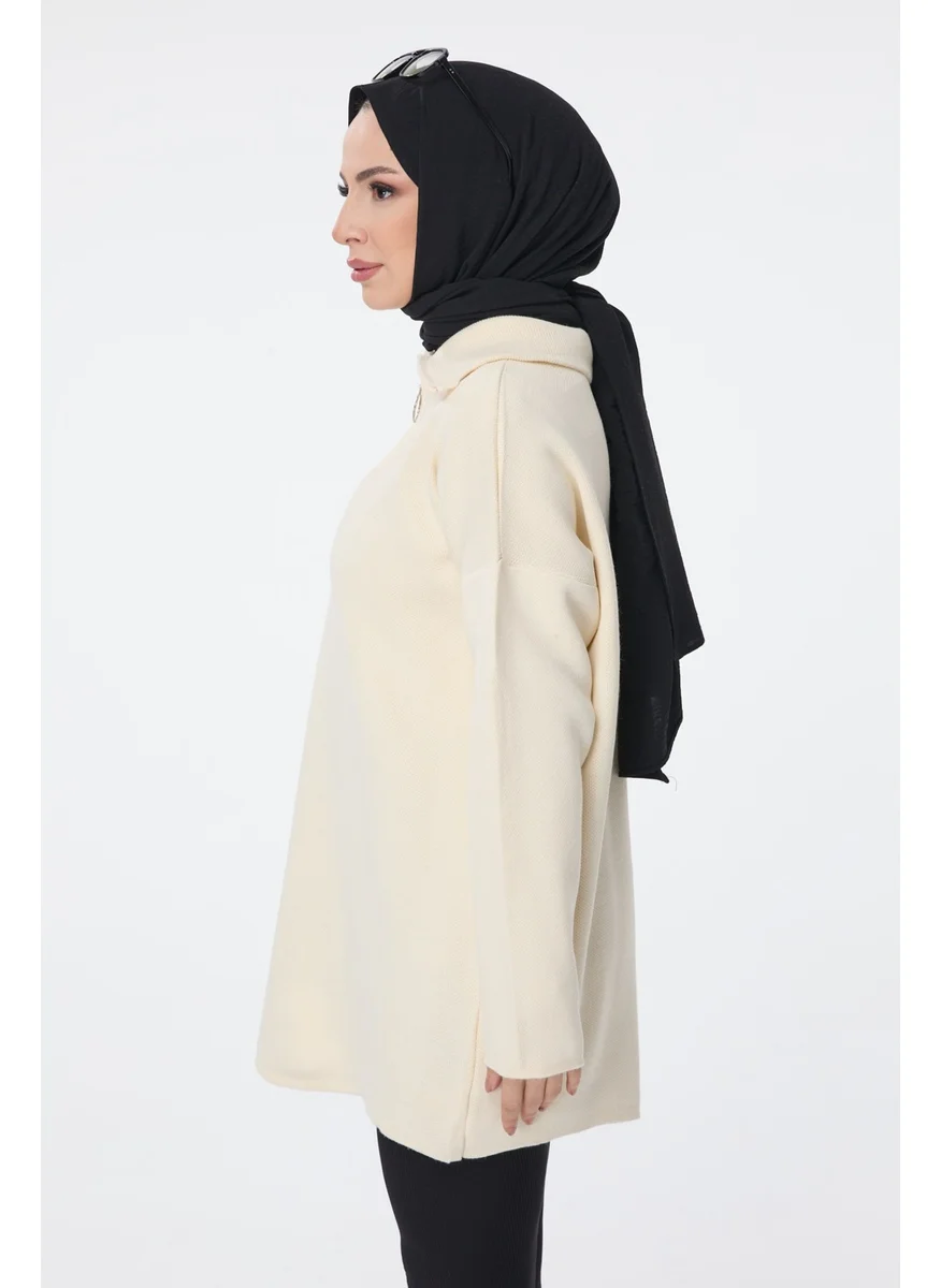 Tofisa 24211-CREAM Zippered Collar Knitwear Tunic