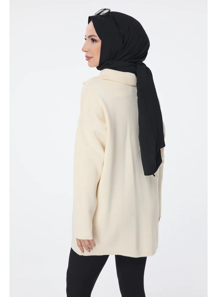 Tofisa 24211-CREAM Zippered Collar Knitwear Tunic