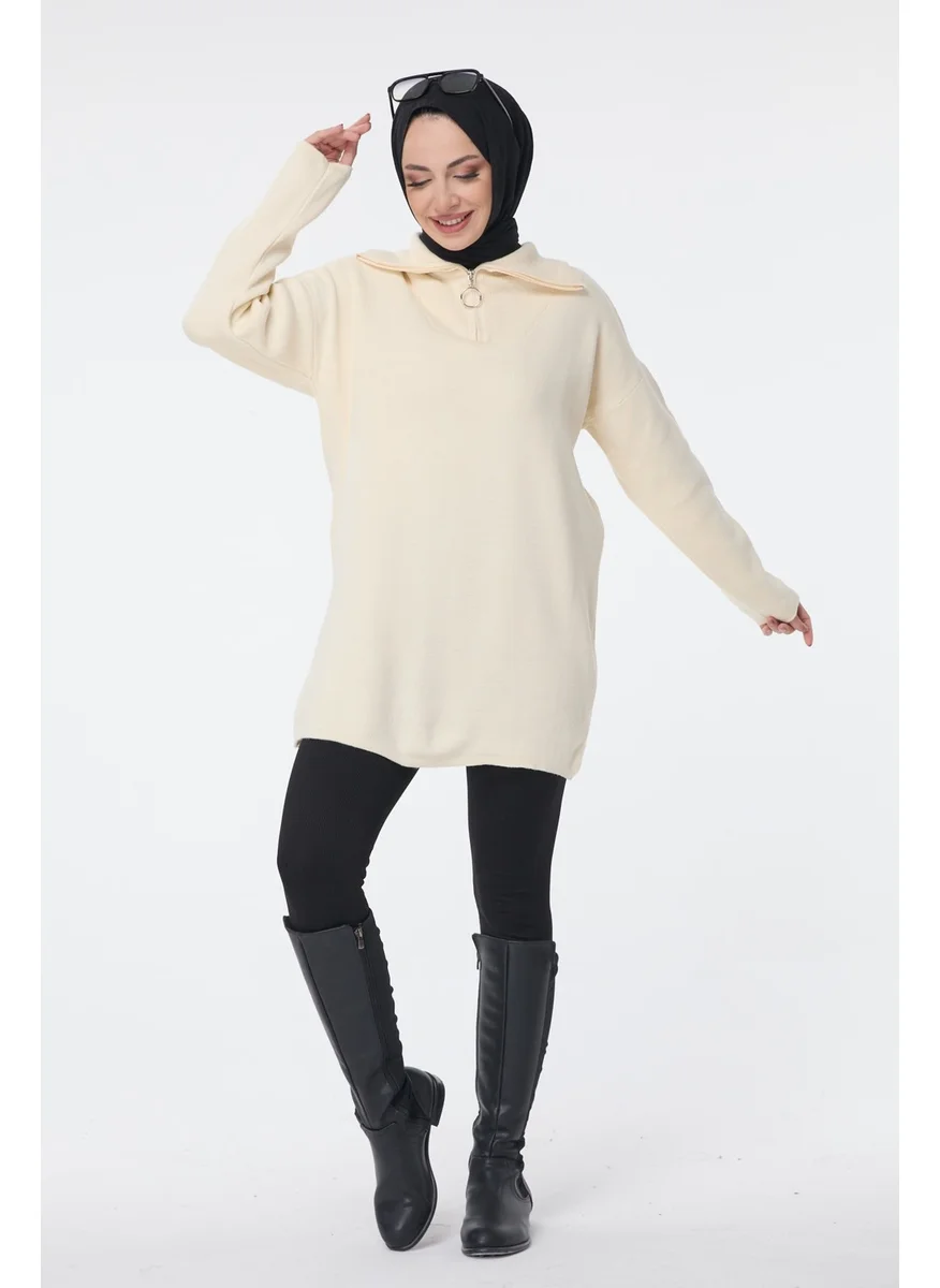 Tofisa 24211-CREAM Zippered Collar Knitwear Tunic