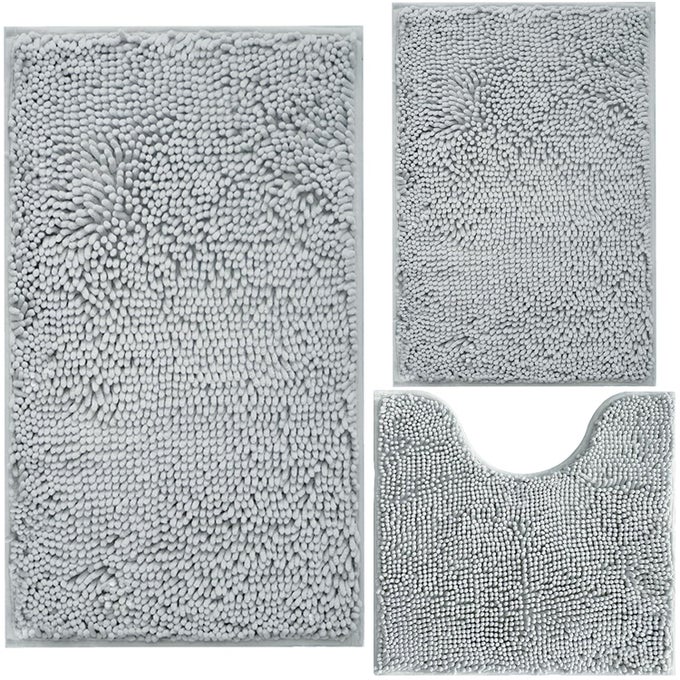 BATHROOM RUGS CHENILLE 3PIECE EXTRA SOFT AND ABSORBENT SHAG BATHROOM RUGS MACHINE WASH MAT STRONG PVC NONSLIP UNDERSIDE PLUSH CARPET MATS LIGHT GREY
