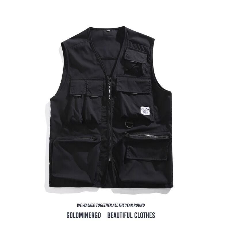 Autumn Thin Japanese Multi-Pocket Tactical Vest Casual Streetwear Sleeveless Top 11825 black