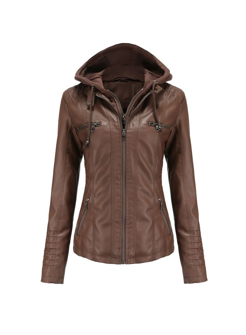 Loquat Women's Hooded Leather Jacket Two-Piece Set With Detachable Features  Brown  - Image 1