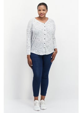 Black Tape Women Plus Size V Neck Long Sleeve Heather Sweater, Grey  - Image 3