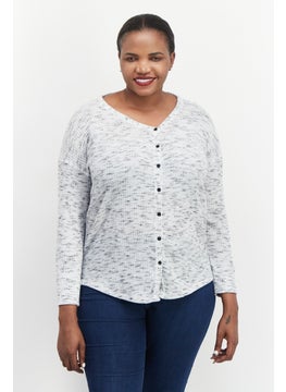 Black Tape Women Plus Size V Neck Long Sleeve Heather Sweater, Grey  - Image 1
